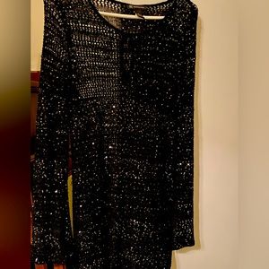 Women's XL Sheer Black Top INC Netting Style With Sequins Keyhole At Collar